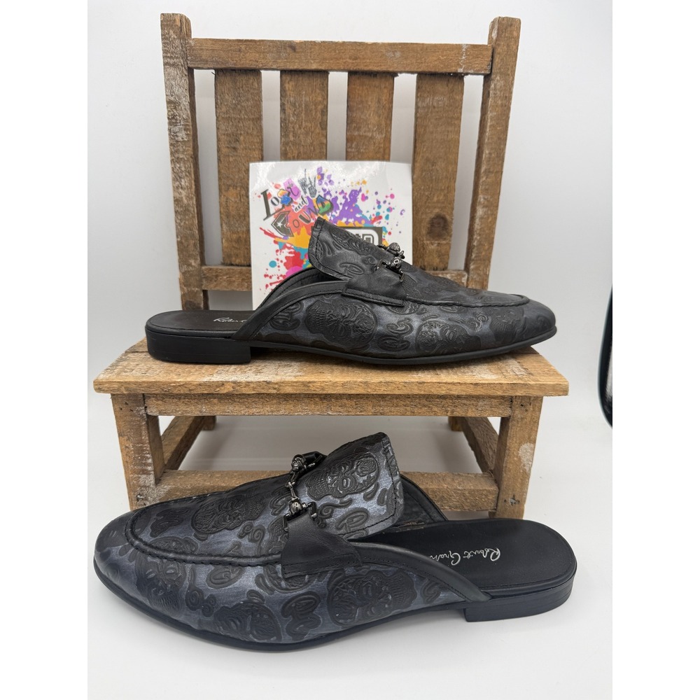 Robert Graham Mens Skull Embossed Backless Loafers Black Charcoal Skull Bit Mule
